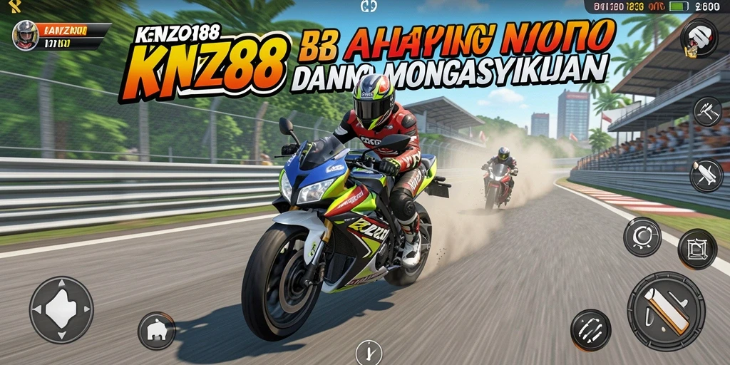Screenshot gameplay KENZO188 yang menunjukkan balapan motor yang mendebarkan.