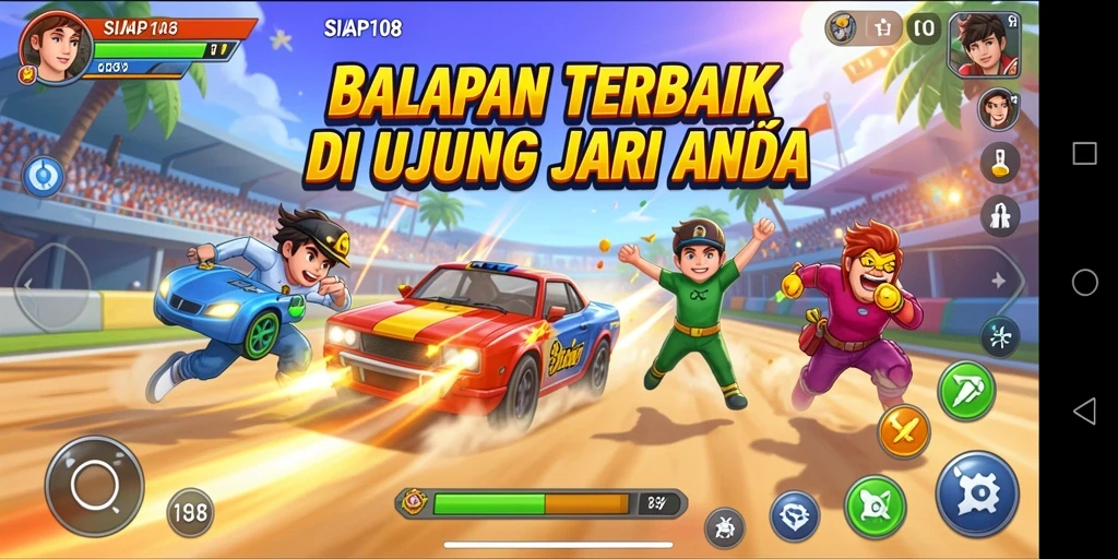 Screenshot gameplay SIAP108 yang menampilkan aksi balapan yang mendebarkan.