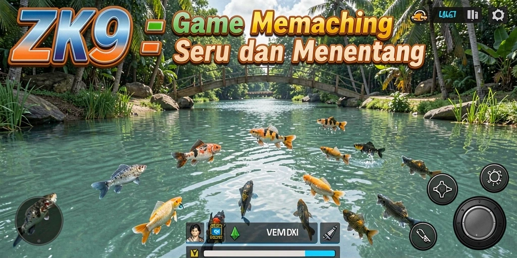Screenshot gameplay ZK9 menampilkan pemain yang asyik memancing di lokasi indah.